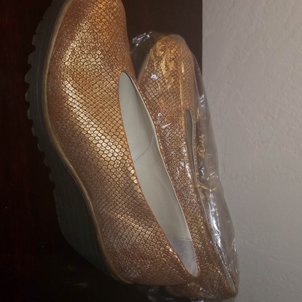Fly London Gold Leather Yaz Wedge